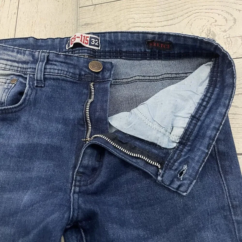 GS-115 Men's W32 x L30 Blue Slim Distressed Stressed Moto Skinny Jeans
